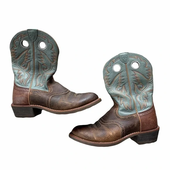 Ariat Brown and Blue Western Cowboy Boots - Picture 1 of 4
